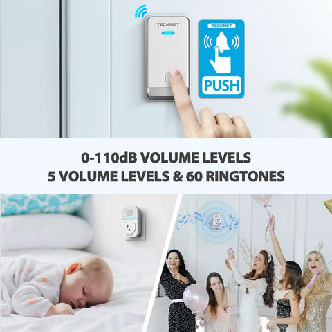 Plug In Wireless Doorbell Kit With Extra Socket, IP66 Waterproof, 1300ft Range, 60 Chimes, Adjustable 0 To 110 dB Volume, LED Indicator Light, Self Powered Doorbell For Home And Classroom