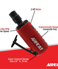 Legit.3 Hp Mini Straight Die Grinder With 25000 Rpm Air Powered Motor and Quiet Exhaust showing .3 HP motor and ergonomic grip.