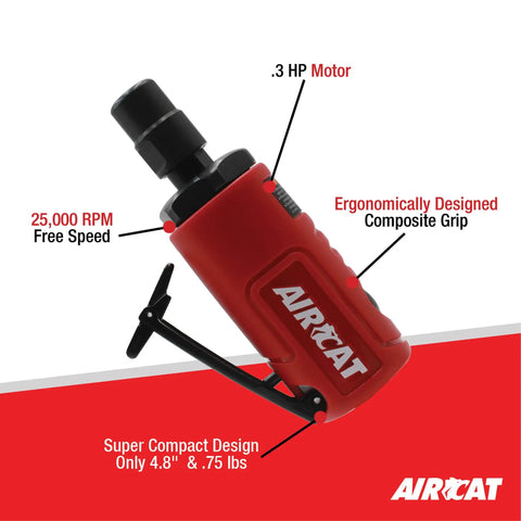 Legit.3 Hp Mini Straight Die Grinder With 25000 Rpm Air Powered Motor and Quiet Exhaust showing .3 HP motor and ergonomic grip.