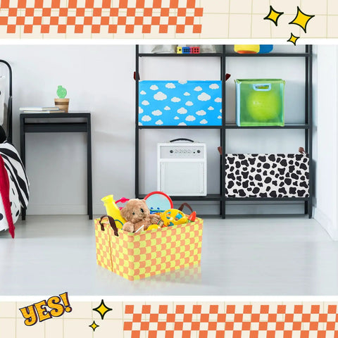 Three Pack Cartoon Canvas Storage Baskets With Leather Handles Waterproof Collapsible Organizer Bins For Closet And Bedroom Go To Organization 16 X 11 X 8 Inches Black Yellow Blue displayed in a room with toys