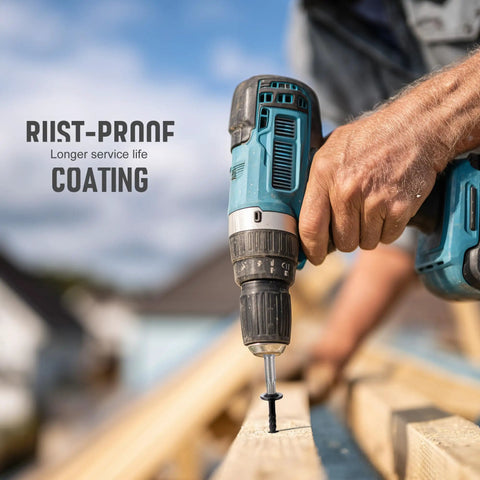 Installation of Heavy Duty Washer Head Wood Screws Size 14 By 3 Inch in timber with a cordless drill for yard projects.