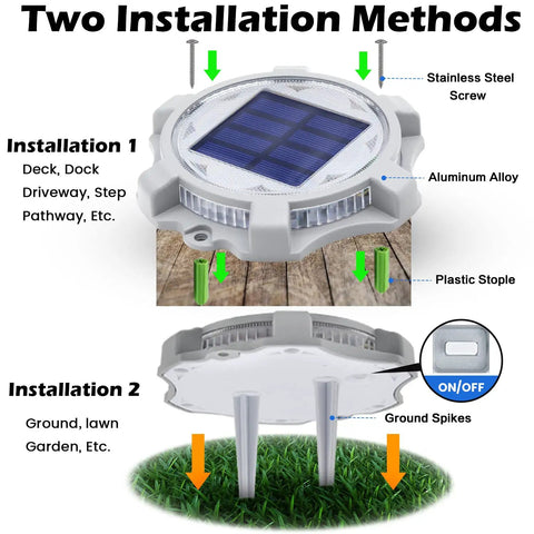 Solar Deck Lights Outdoor 12 Pack Two Modes Blue and Red Waterproof Pathway Markers showing two installation methods.