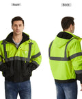 Front and back view of High Visibility Reflective Work Jacket For Men Waterproof ANSI Class 3 Hi Vis Yellow Coat With Pockets Black Bottom Cold Weather Construction Gear XL 1 Pack Fleece Lined 300D Oxford Shell