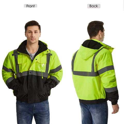 Front and back view of High Visibility Reflective Work Jacket For Men Waterproof ANSI Class 3 Hi Vis Yellow Coat With Pockets Black Bottom Cold Weather Construction Gear XL 1 Pack Fleece Lined 300D Oxford Shell