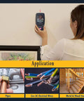 Woman using Electronic Stud Finder, Professional Wall Scanner with Wood, Metal, Live Wire Modes for wall detection.