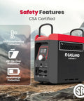 G3 Pro 1lb Propane Portable Water Heater And Shower Pump For Outdoor Adventures, shown with safety features and CSA certification