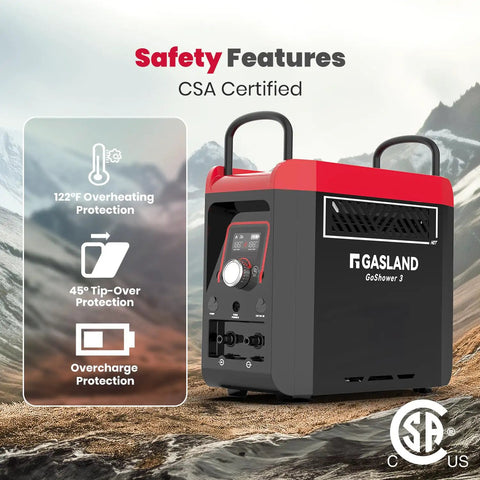 G3 Pro 1lb Propane Portable Water Heater And Shower Pump For Outdoor Adventures, shown with safety features and CSA certification
