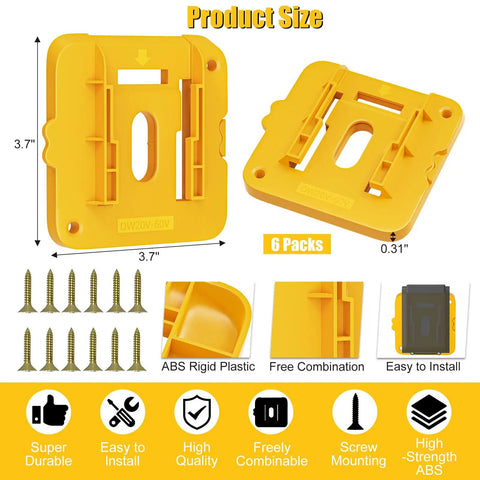 DIMENSIONS AND FEATURES OF SIX PACK BATTERY MOUNT HOLDER FOR DEWALT 20V 60V BATTERIES WALL MOUNT SHELF VAN TOOLBOX STORAGE
