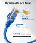 Blue RJ45 connector on 10Gbps Snagless Cat6 Ethernet Cable 5ft Multi Color Set For Fast LAN Connections, gold-plated contacts visible.