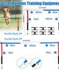 Dog jumping over blue and red soccer hurdle from Six Piece Adjustable Pole Bending Set For Horses And Dogs With Carry Bag 6Ft