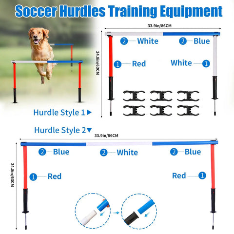 Dog jumping over blue and red soccer hurdle from Six Piece Adjustable Pole Bending Set For Horses And Dogs With Carry Bag 6Ft