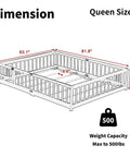 Queen Size Rubber Wood Bed Frame With Safety Guardrails And Door dimensions showing 63.1" width, 81.8" length, supports 500 lbs