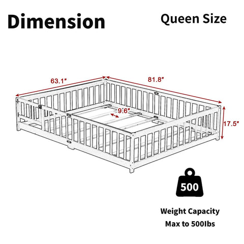 Queen Size Rubber Wood Bed Frame With Safety Guardrails And Door dimensions showing 63.1" width, 81.8" length, supports 500 lbs