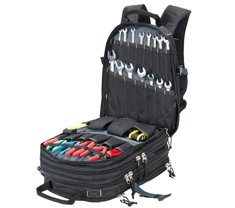 75-Pocket Tool Backpack With 6 Zippered Compartments open displaying organized tools and plastic tray, rugged worksite-ready gear carrier