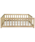 Rock Solid Full Size Montessori Floor Bed With Safety Rails, Natural Solid Wood Kids Sleep Platform, sturdy construction with slats.