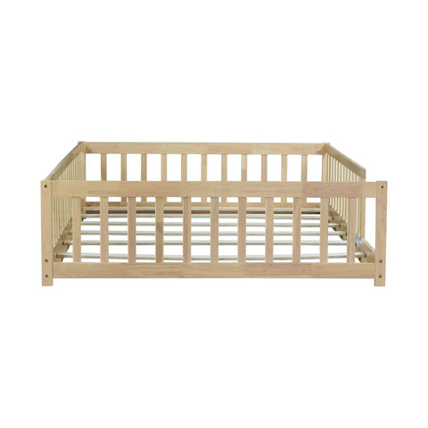 Rock Solid Full Size Montessori Floor Bed With Safety Rails, Natural Solid Wood Kids Sleep Platform, sturdy construction with slats.