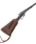 Premium Leather Gun Shell Holder Buttstock With Canvas Recoil Pad Extension on rifle with brown finish and neoprene cushions