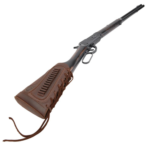 Premium Leather Gun Shell Holder Buttstock With Canvas Recoil Pad Extension on rifle with brown finish and neoprene cushions