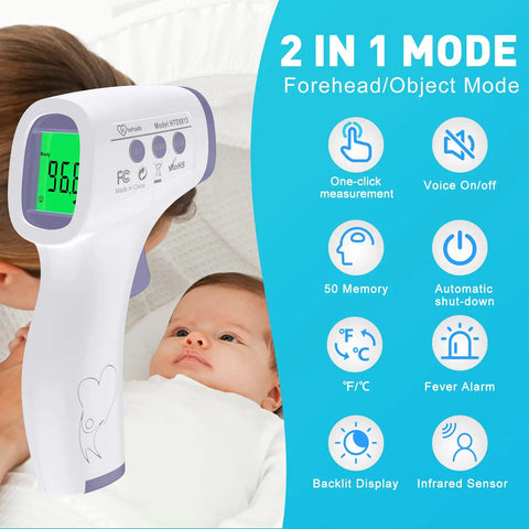 No Touch Infrared Thermometer For Adults And Kids With Fever Alert 2 In 1 Body Surface Mode No Touch Forehead And Surface Readings Instant Accurate Temperature For Baby And Family, white digital forehead thermometer with baby