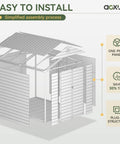 Diagram showing assembly process of 8x6 Ft Outdoor Resin Storage Shed With Window And Floor Lockable Doors Waterproof Plastic Tool Shed With Sloped Roof For Backyard Garden Patio Or Lawn Grey, highlighting one-piece panel and plug-in structure.