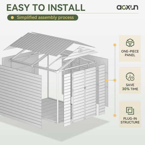Diagram showing assembly process of 8x6 Ft Outdoor Resin Storage Shed With Window And Floor Lockable Doors Waterproof Plastic Tool Shed With Sloped Roof For Backyard Garden Patio Or Lawn Grey, highlighting one-piece panel and plug-in structure.