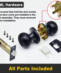 Matte Black Passage Door Knob With Round Ball Handle Keyless Interior Door Hardware For Hallways And Closets No Locking Solid Stainless Finish Adjustable Latch Fits 2 3/8 To 2 3/4 Backset And 1 3/8 To 1 3/4 Inch Doors with all parts included.