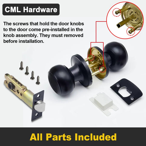 Matte Black Passage Door Knob With Round Ball Handle Keyless Interior Door Hardware For Hallways And Closets No Locking Solid Stainless Finish Adjustable Latch Fits 2 3/8 To 2 3/4 Backset And 1 3/8 To 1 3/4 Inch Doors with all parts included.