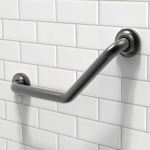 16 Inch Angled Shower Grab Bar ADA Compliant With 500 Lb Load Capacity Glacier Collection for bathroom safety in brushed nickel.
