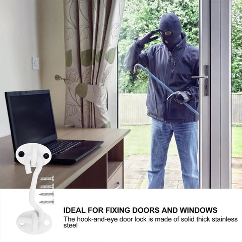 Gate Hook Latch Heavy Duty Stainless Steel Eye Window Garage Bathroom, featuring a hook-and-eye lock used for securing doors.