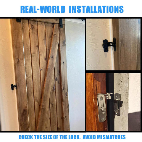 90 Degree Flip Barn Door Lock For Privacy And Security Hook Gate Latch Made From 304 Stainless Steel With Corrosion Resistant Finish Thickened Base Prevents Unlock From Outside Ideal For Barn Garden Bathroom Outdoor Garage Window Or Sliding Doors Black installed on wooden sliding door