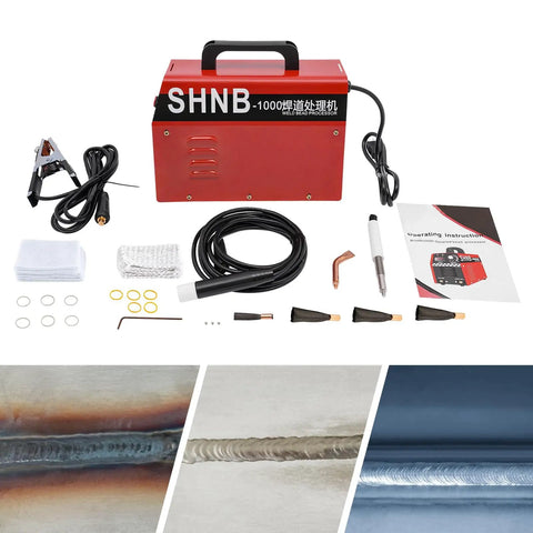 Powerful 1000W Weld Cleaning Machine with 110V US Plug for Quick Weld Bead Removal shown with accessories and metal cleaning results
