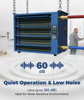 Top Shelf Hydronic Hanging Heater Featuring One Hundred Thousand Btu, blue galvanized steel design, quiet operation at 60 dB for workshops.