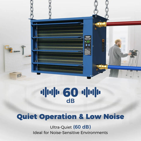 Top Shelf Hydronic Hanging Heater Featuring One Hundred Thousand Btu, blue galvanized steel design, quiet operation at 60 dB for workshops.