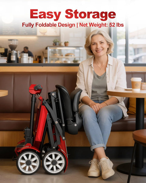 Ecomobi M4 four-wheel folding mobility scooter, red, compactly folded for easy storage.