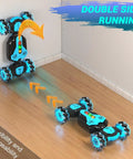 Gesture Sensing RC Stunt Car performing double side running and 360 spins with remote and wristband control, blue lights glowing