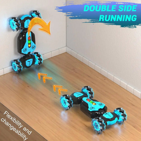 Gesture Sensing RC Stunt Car performing double side running and 360 spins with remote and wristband control, blue lights glowing