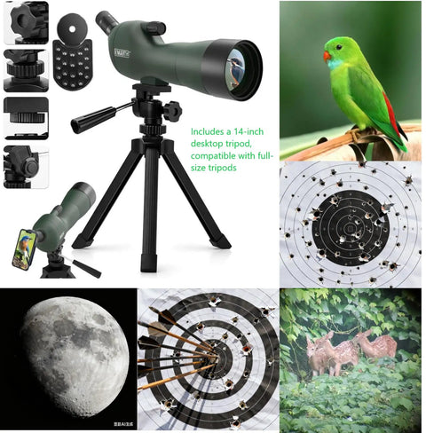 Go To 20 To 60x60 Zoom Angled Spotting Scope With BAK4 Optics Waterproof For Hunting And Birdwatching Includes 14 Inch Tabletop Tripod And Carry Bag Lightweight 1.37 Lb Ideal For Target Shooting And Wildlife Viewing, angled on tripod