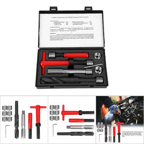 Premium M16x2 Thread Repair Kit Stainless Steel 11 Pcs with drill tap wrench and inserts in black carrying case.