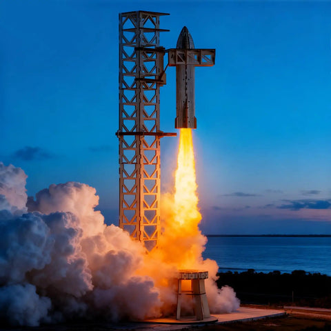 Wooden model of rocket launching, part of Hands On 3D Wood Puzzle For Adults SpaceX Starship Super Heavy Booster DIY Rocket Model Kit