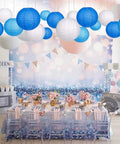 Blue And White Hanging Round Paper Lantern Set - 24 Pack Multi-Size Lanterns above party decor with blue and white theme