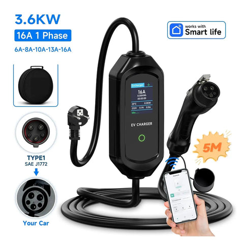 Portable EV Charger Featuring Blazing 3600W Quick Charge And Type One SAE J1772 Connector, 5m cable, and user-friendly display.