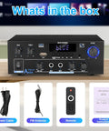 Two Channel 500W Bluetooth 5.0 Stereo Audio Amplifier with accessories: power cable, FM antenna, remote, manual.