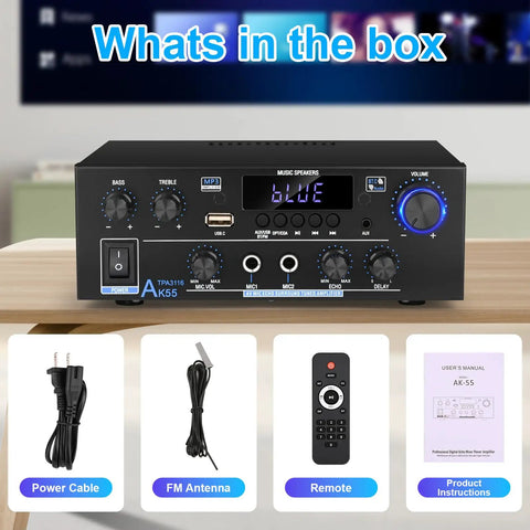 Two Channel 500W Bluetooth 5.0 Stereo Audio Amplifier with accessories: power cable, FM antenna, remote, manual.