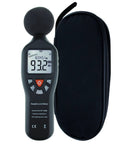 Go-To Digital Sound Level Meter With Backlit Display, High Accuracy Decibel Meter for Classrooms next to black carrying case.