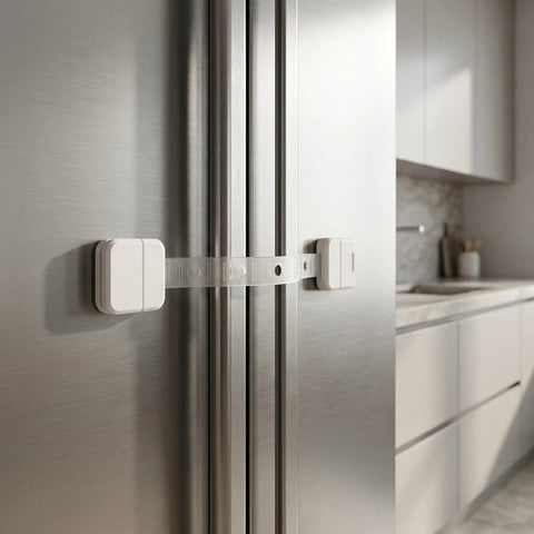 Adjustable Cabinet Locks With Key For Baby Proofing And Kid Proofing A Quick Multi Purpose Child Safety Lock Kit on a stainless steel fridge