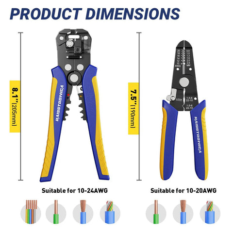 Self Adjusting And Manual Wire Stripper Tool Set For 10 To 24 AWG Heavy Duty Electrical Strippers with product dimensions