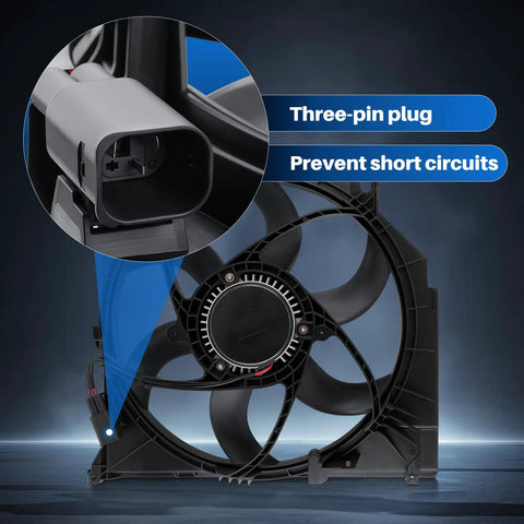 Zero Sweat Direct Swap Slick Heavy Duty Electric Radiator Cooling Fan Replacement For BMW X3 E83 shows three-pin plug for easy installation.
