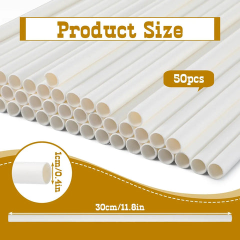 Stack of 50 white paper cotton candy sticks 11.8 inches, part of Cotton Candy Sticks And Paper Cones Pack 50 Pcs 11.8 Inch Candy Holder Sticks Carnival Style For Treats, Parties, And Sweet Tooth Fun Great For Fairs, Weddings, Birthday Parties, Backyard Bash Vibes.