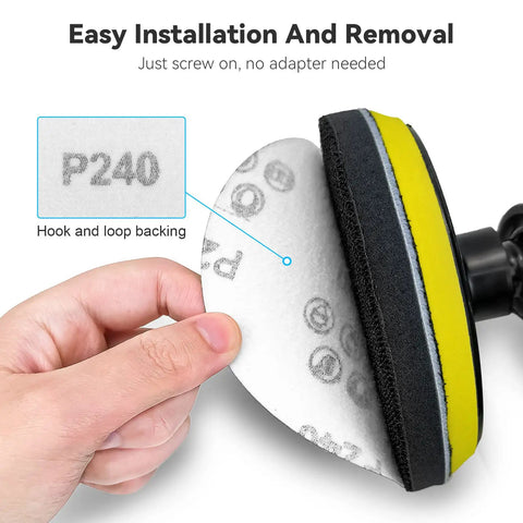 Hand holding sanding disc showing hook and loop backing on Five Inch Angle Grinder Sanding Disc Kit With Hook And Loop Backing Pad