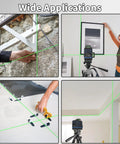 Self Leveling Laser Level With Three 360 Degree Lasers Horizontal And Two Vertical Cross Lines For Full Room Layout Green Cross Line Laser Tool With 100 Feet Range Easy On Off H And V Controls And Pro Grade Durable Construction used for wall, ceiling, and tile alignment